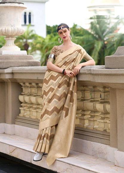 Dark Brown Cotton Linen Silk Saree with Zigzag Zari Border & Weaving Work