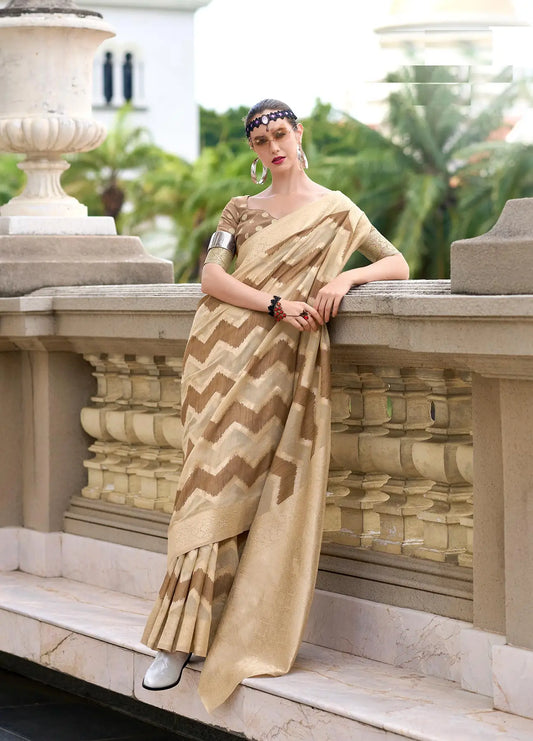 Dark Brown Cotton Linen Silk Saree with Zigzag Zari Border & Weaving Work