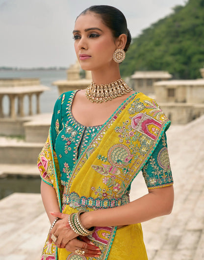 Yellow Viscose Jacquard Saree With Embroidery Pearls Khatli Zari Weaving Work