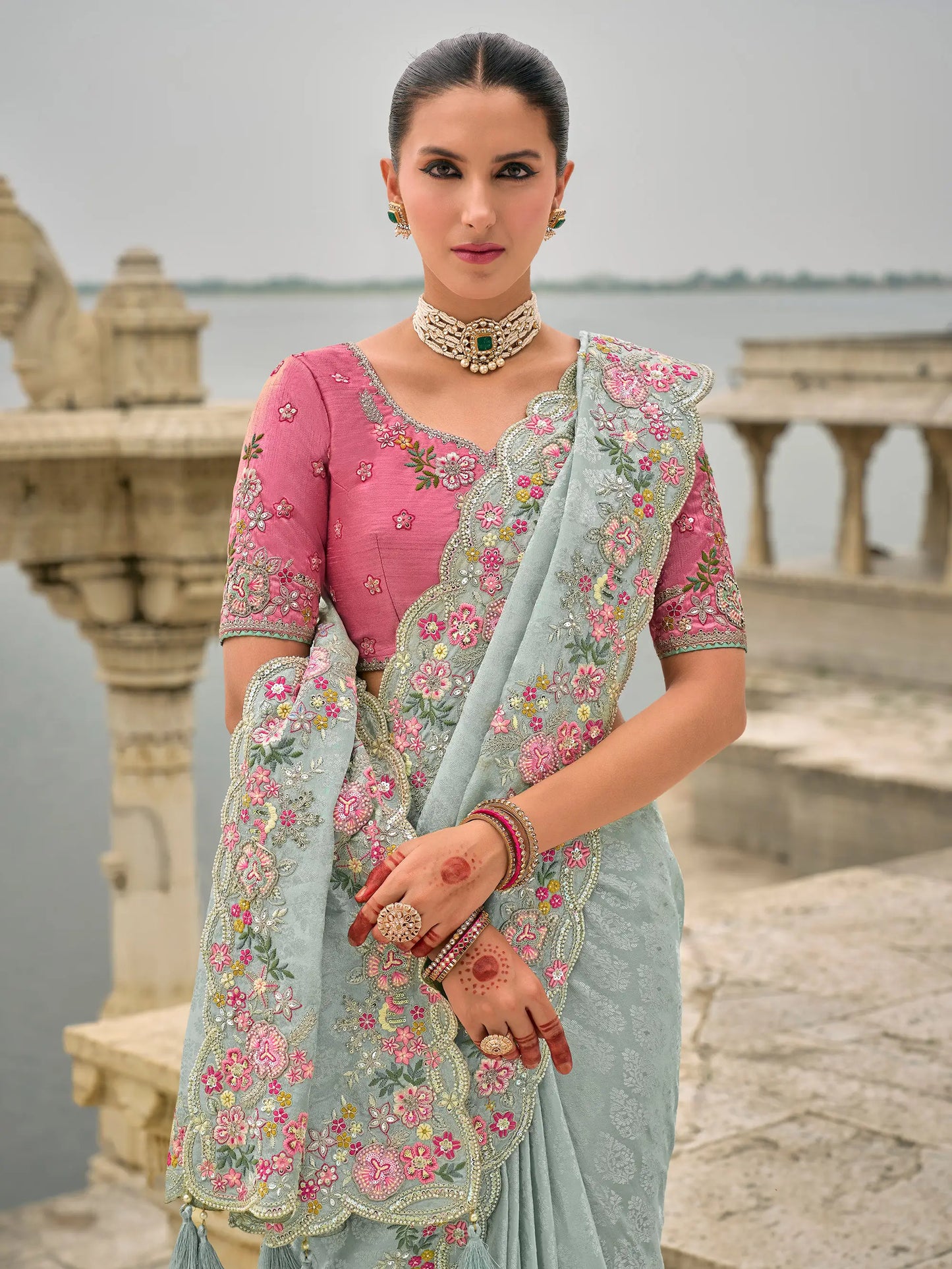 Sky Blue Viscose Jacquard Saree With Embroidery Pearls Khatli Zari Weaving Work