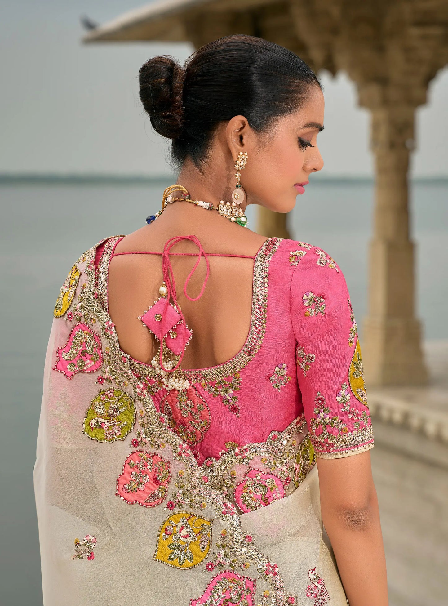Pastel Gray Viscose Jacquard Saree With Embroidery, Pearls, Khatli, Zari Weaving Work