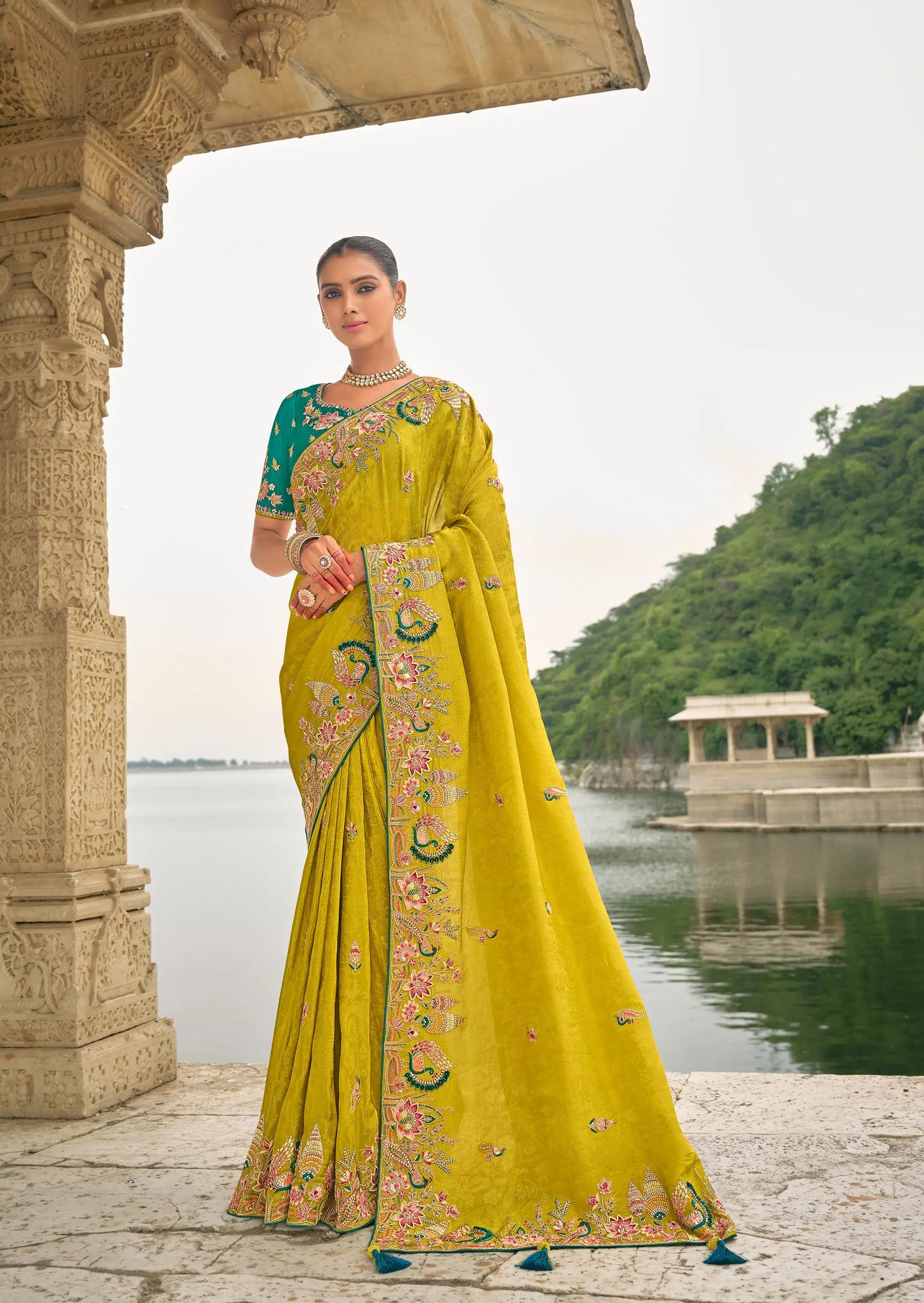 Yellow Gold Viscose Jacquard Saree With Embroidery Pearls Khatli Zari Weaving Work