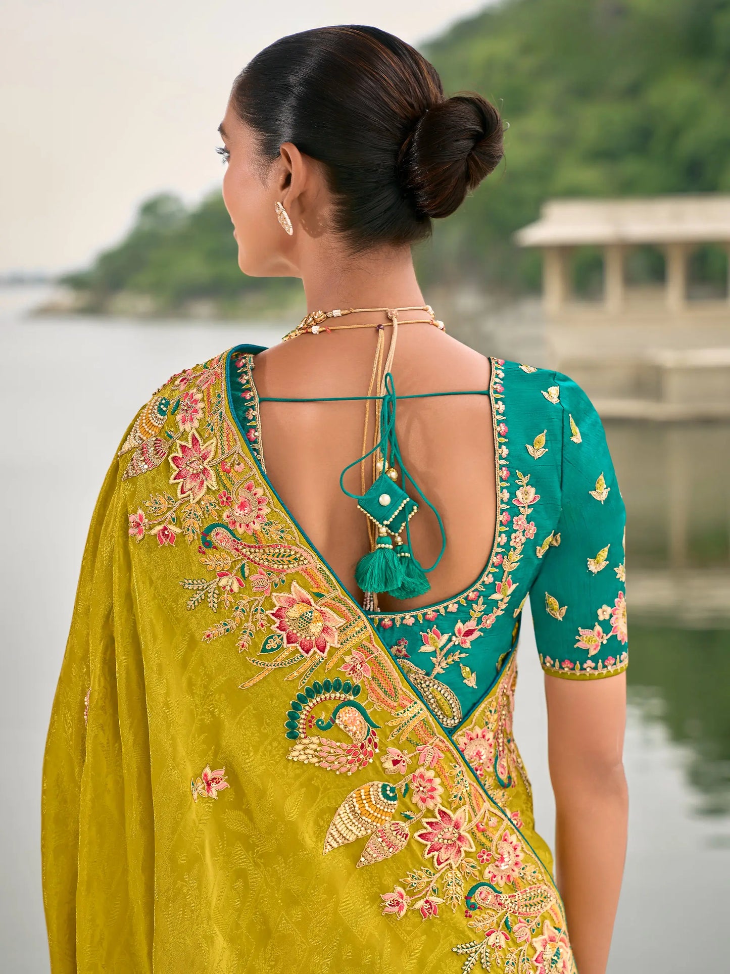 Yellow Gold Viscose Jacquard Saree With Embroidery Pearls Khatli Zari Weaving Work