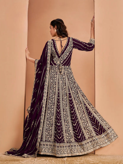Brown Georgette Gown With Sequence & Thread Embroidery Work