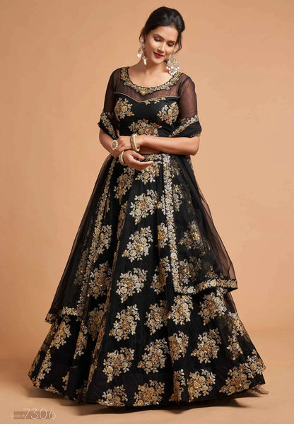 Black Soft Net Lehenga With Zari And Multiple Sequins Embroidery Work