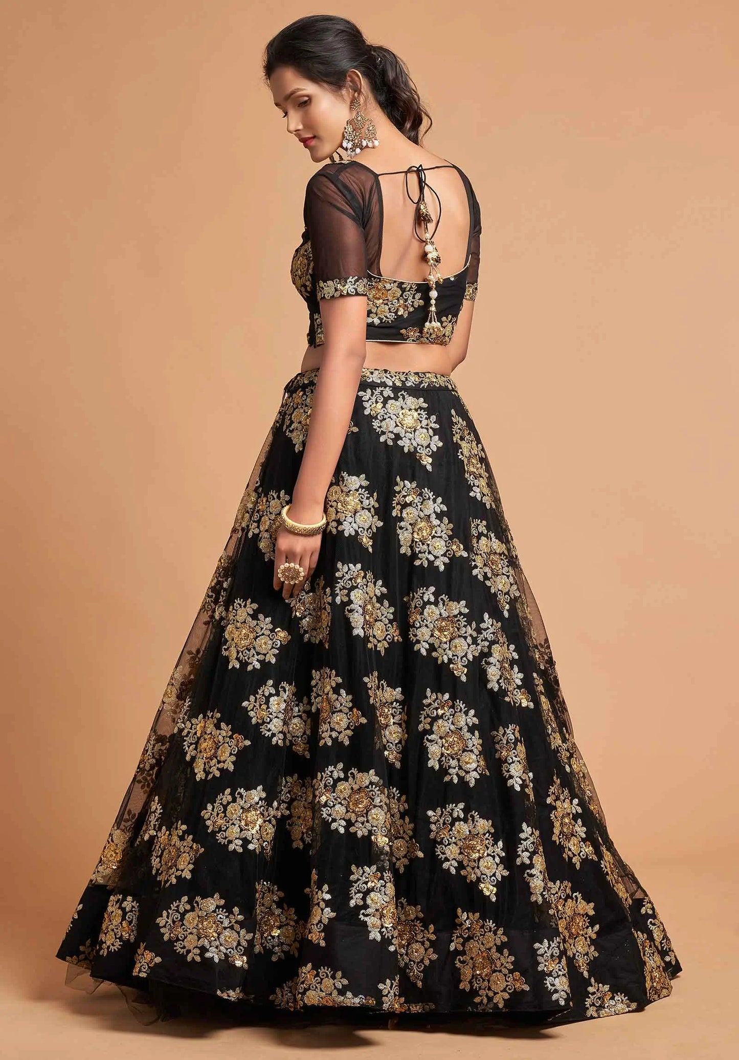 Black Soft Net Lehenga With Zari And Multiple Sequins Embroidery Work