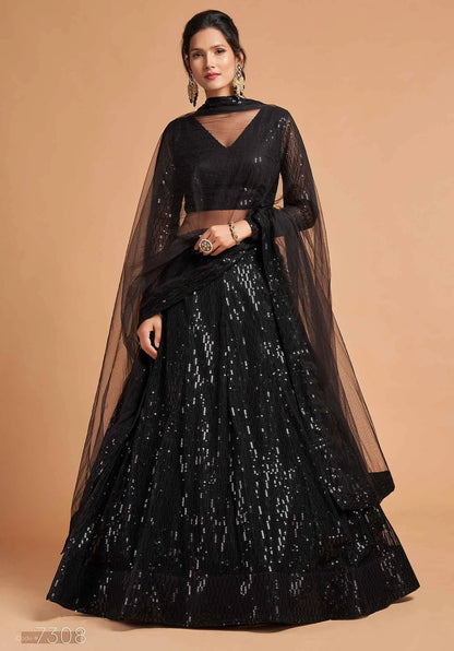 Black Soft Net Lehenga Choli With Thread And Multiple Sequins Embroidery Work