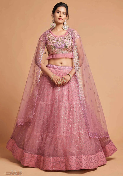 Blush Pink Soft Net Lehenga With Zari Badla Dori And Thread Embroidery Work