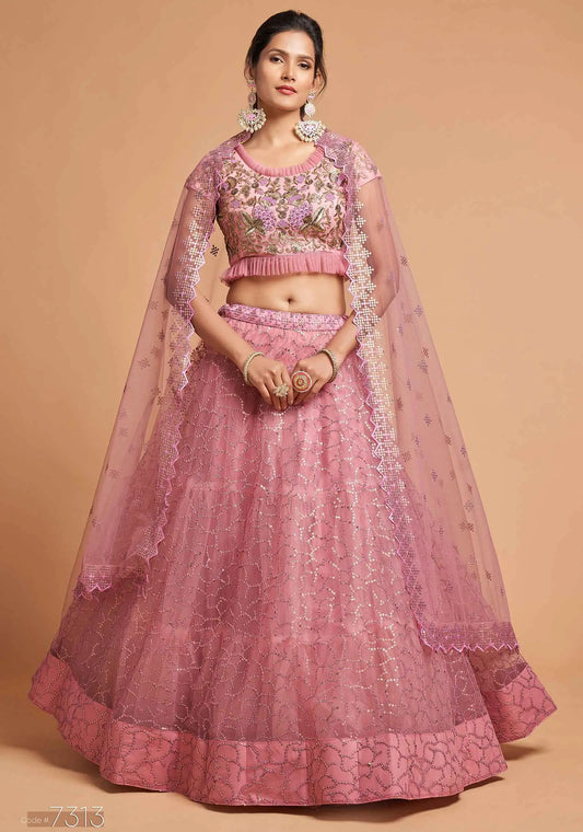 Blush Pink Soft Net Lehenga With Zari Badla Dori And Thread Embroidery Work