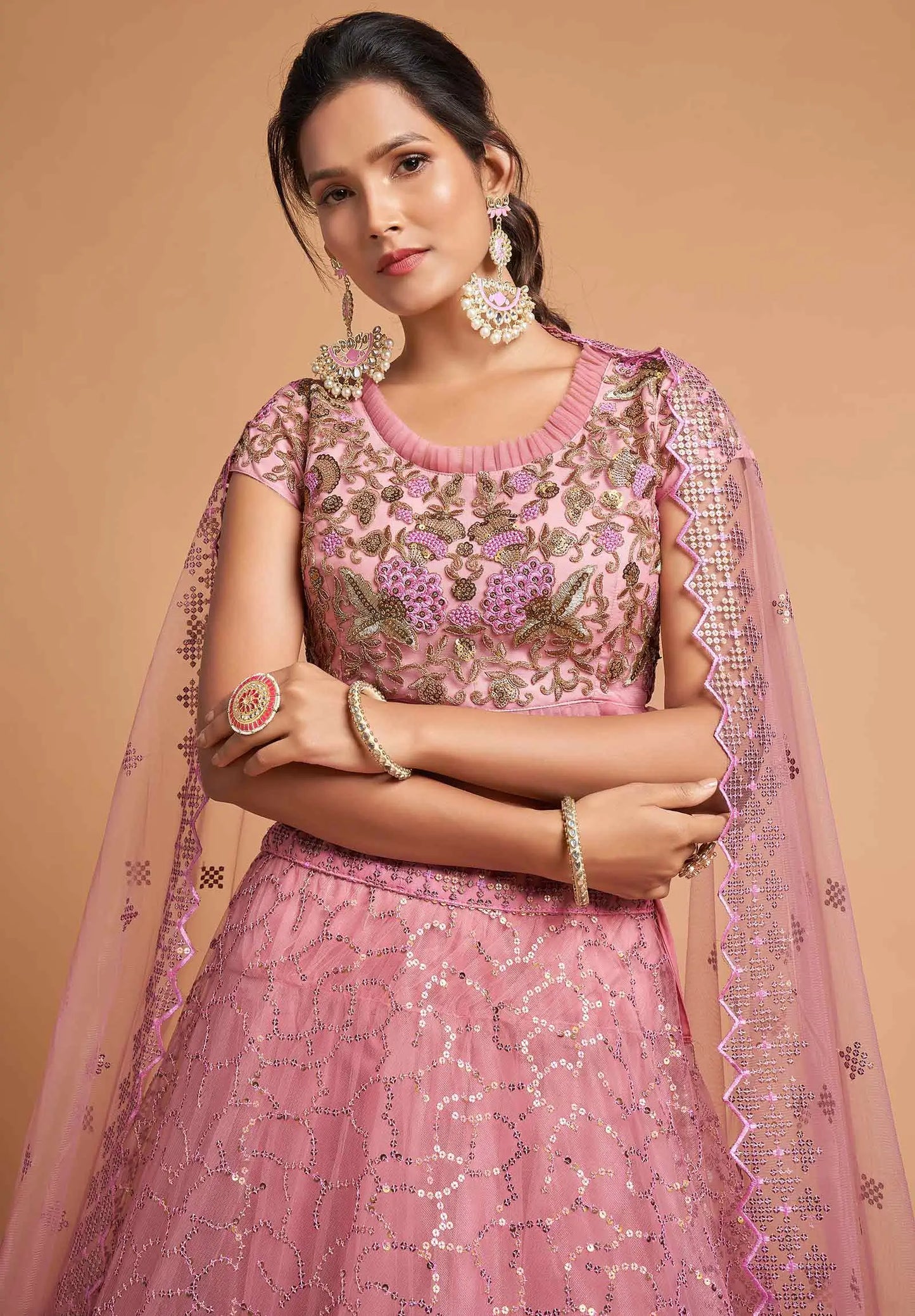 Blush Pink Soft Net Lehenga With Zari Badla Dori And Thread Embroidery Work