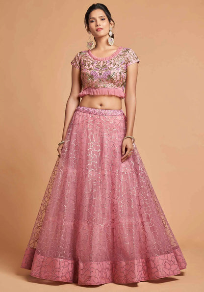 Blush Pink Soft Net Lehenga With Zari Badla Dori And Thread Embroidery Work