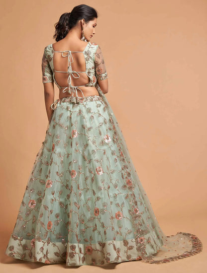 Spanish Green Soft Net Lehenga With Zari Badla Dori And Thread Embroidery Work