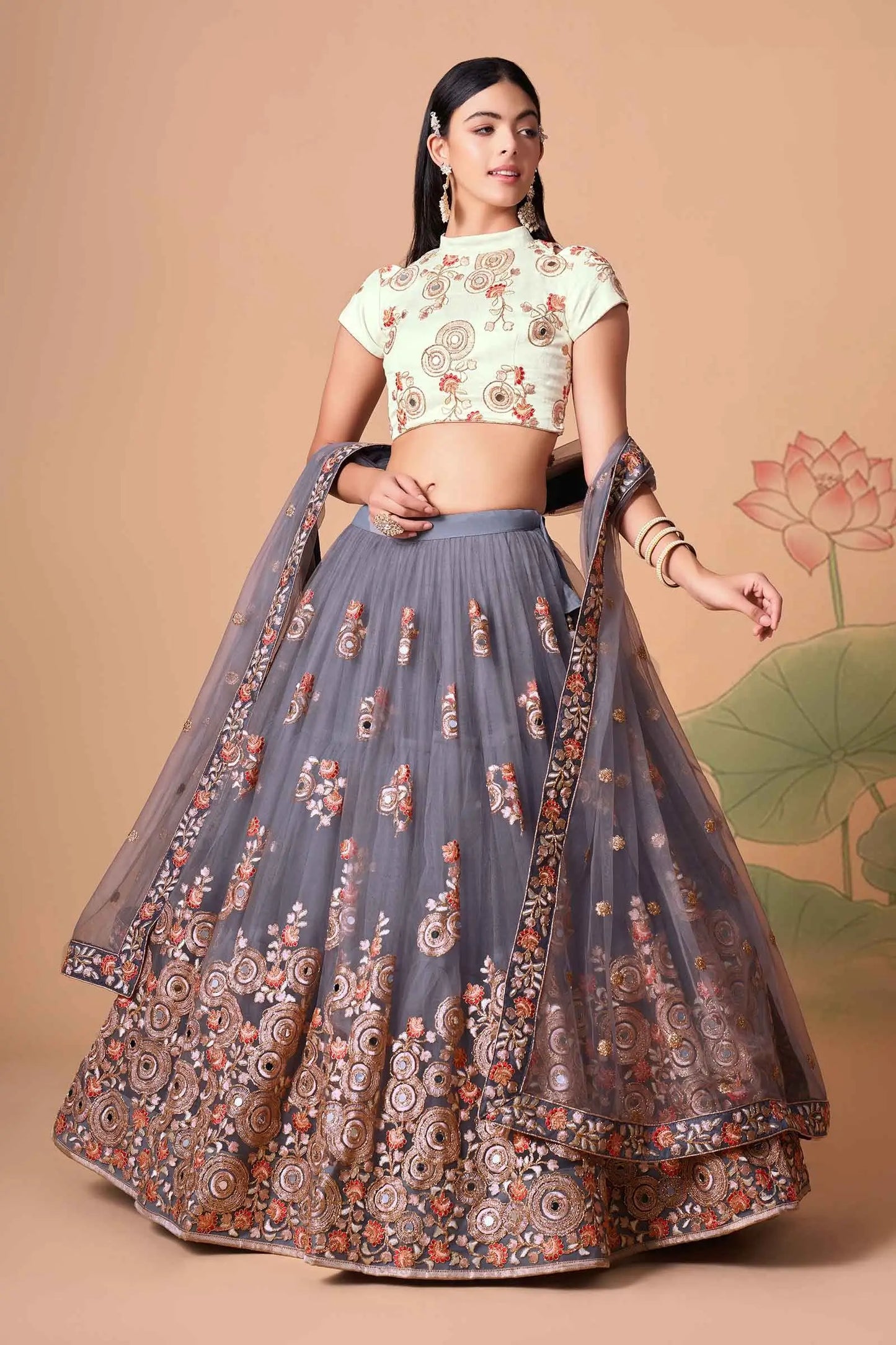 Grey Soft Net Lehenga With Thread Zari Dori And Sequins Embroidery With Mirror Work