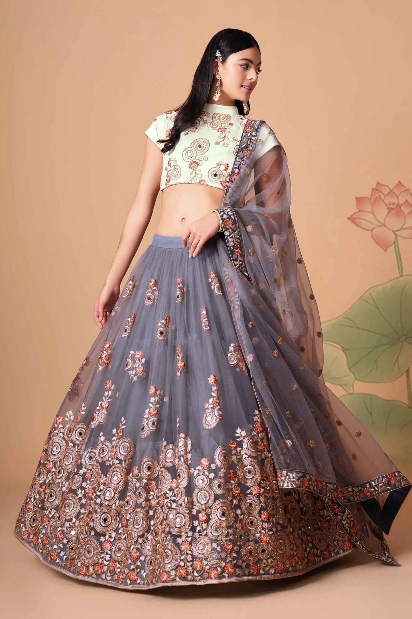 Grey Soft Net Lehenga With Thread Zari Dori And Sequins Embroidery With Mirror Work