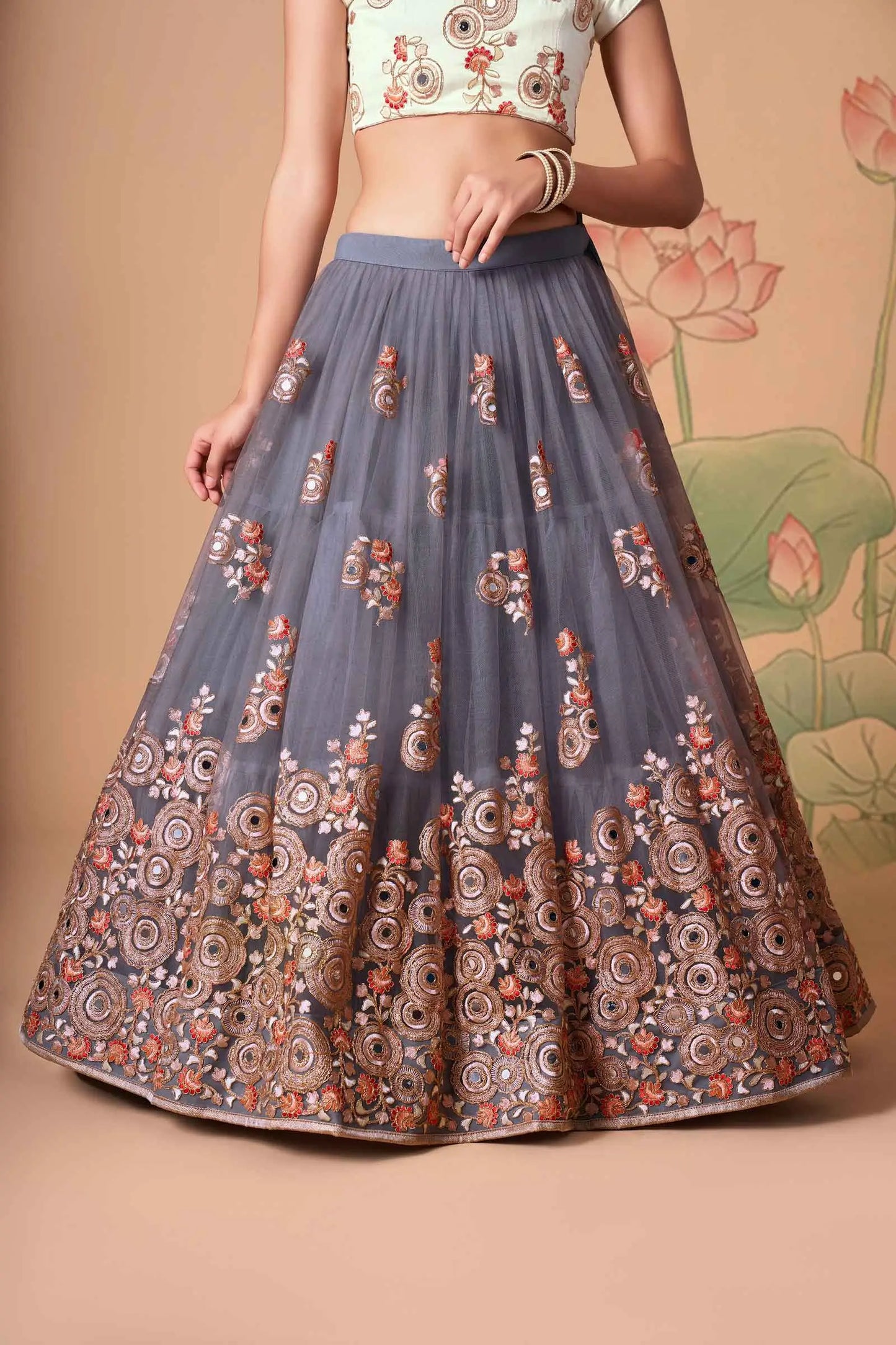 Grey Soft Net Lehenga With Thread Zari Dori And Sequins Embroidery With Mirror Work
