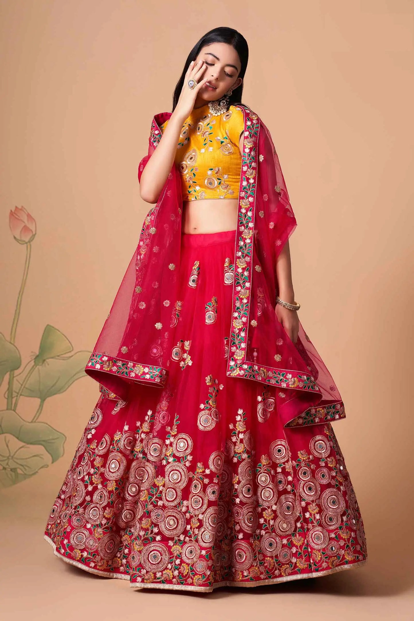 Red Soft Net Lehenga With Thread Zari Dori And Sequins Embroidery With Mirror Work