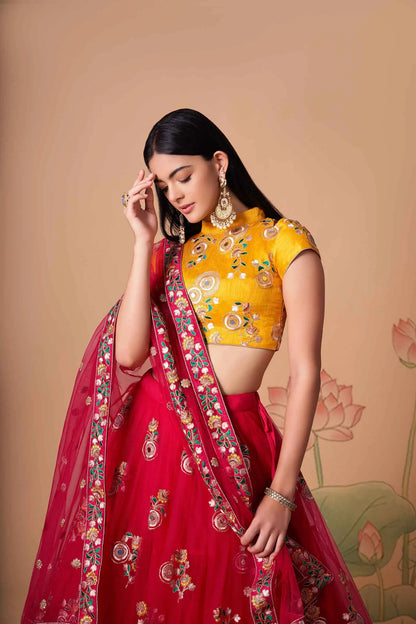 Red Soft Net Lehenga With Thread Zari Dori And Sequins Embroidery With Mirror Work