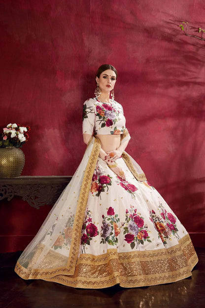 Off White Silk Lehenga With Floral Print Dori Zari And Sequins Embroidery Work