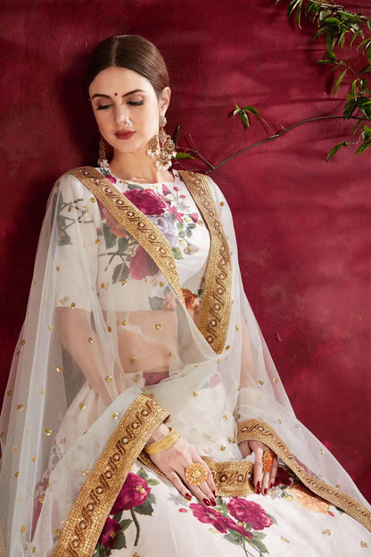 Off White Silk Lehenga With Floral Print Dori Zari And Sequins Embroidery Work