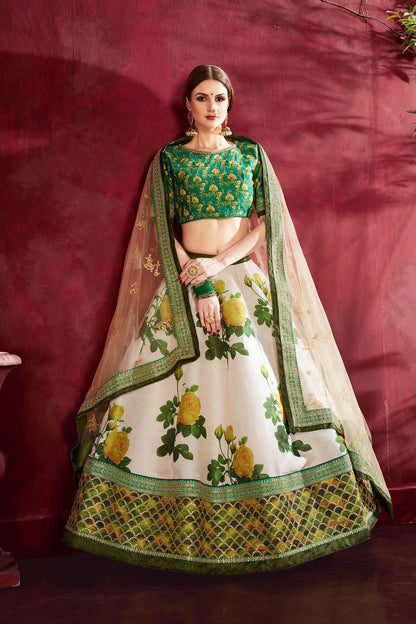 Cream Green Silk Lehenga With Floral Print Dori Zari And Sequins Embroidery Work