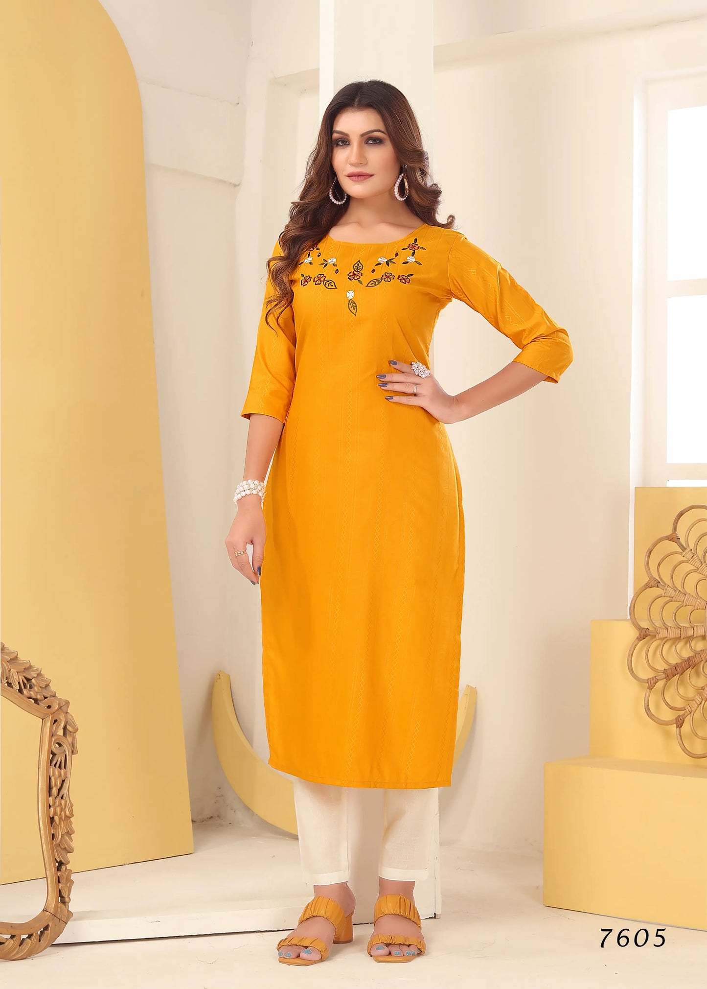 Yellow Silk Straight Kurta Set with Handmade Embroidery