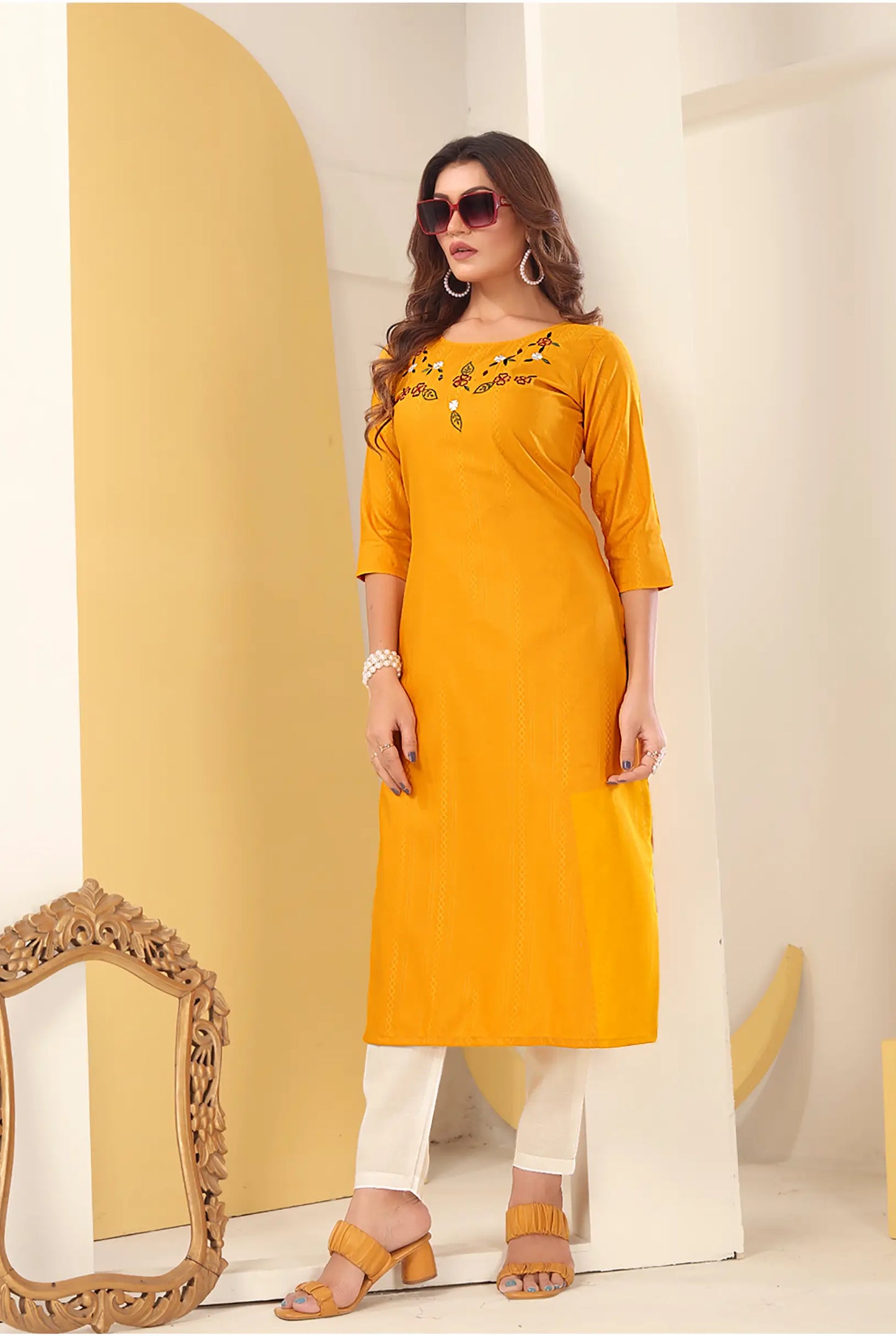 Yellow Silk Straight Kurta Set with Handmade Embroidery
