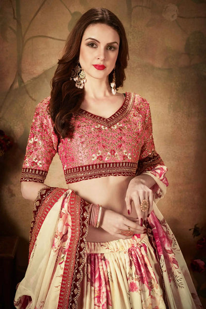 Beige And Peach Floral Print Organza Lehenga With Sequins Work