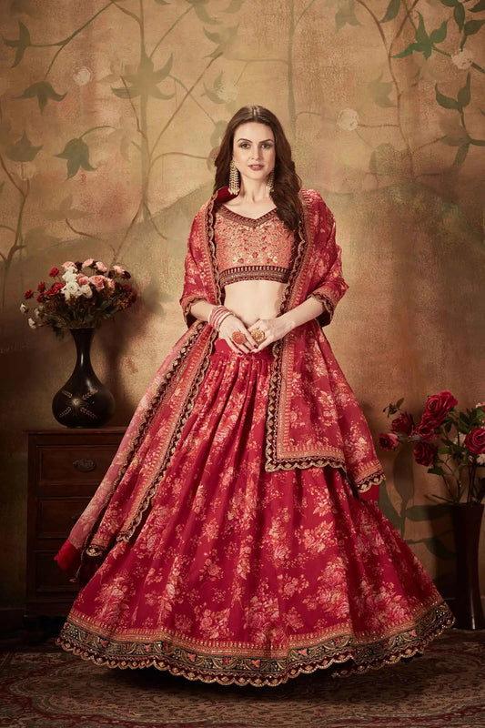 Maroon And Peach Floral Print Organza Lehenga With Sequins Work