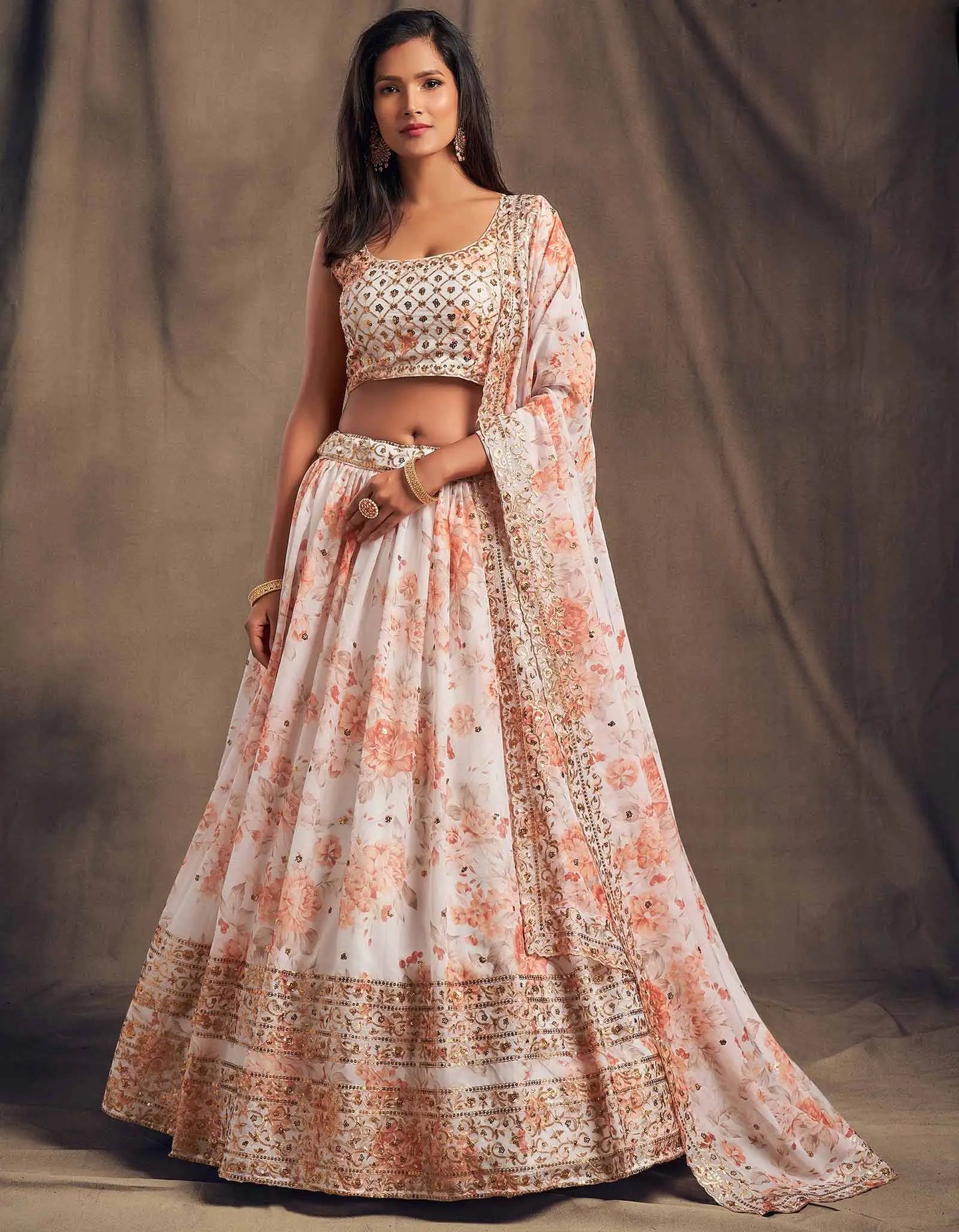 White Floral Print Organza Lehenga With Sequins Work