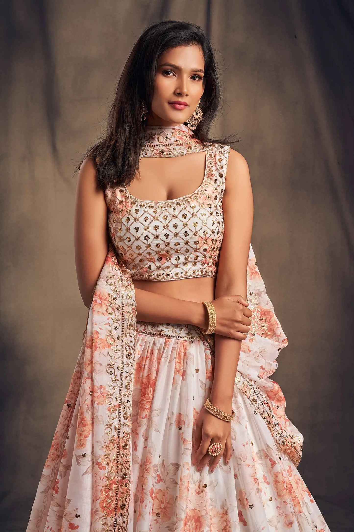 White Floral Print Organza Lehenga With Sequins Work