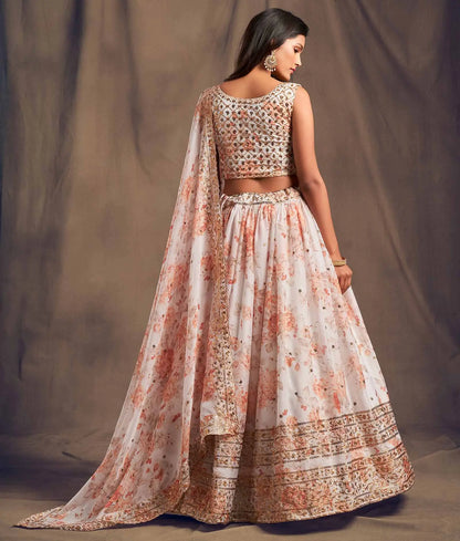 White Floral Print Organza Lehenga With Sequins Work