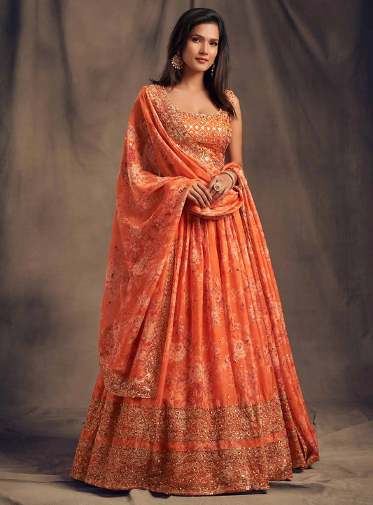 Orange Floral Print Organza Lehenga With Sequins Work