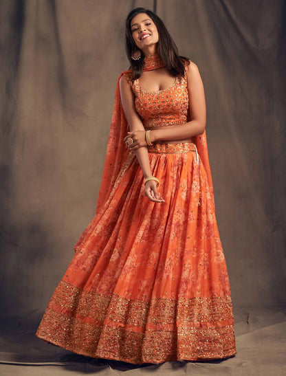 Orange Floral Print Organza Lehenga With Sequins Work