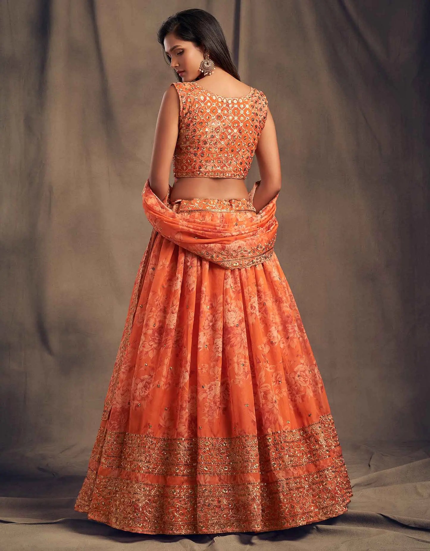 Orange Floral Print Organza Lehenga With Sequins Work
