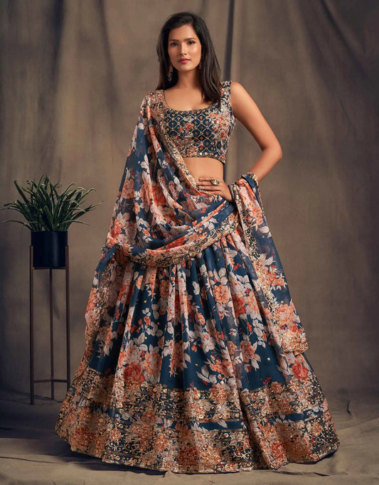 Teal Blue Floral Print Organza Lehenga With Sequins Work