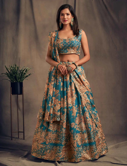 Dove Blue Floral Print Organza Lehenga With Sequins Work
