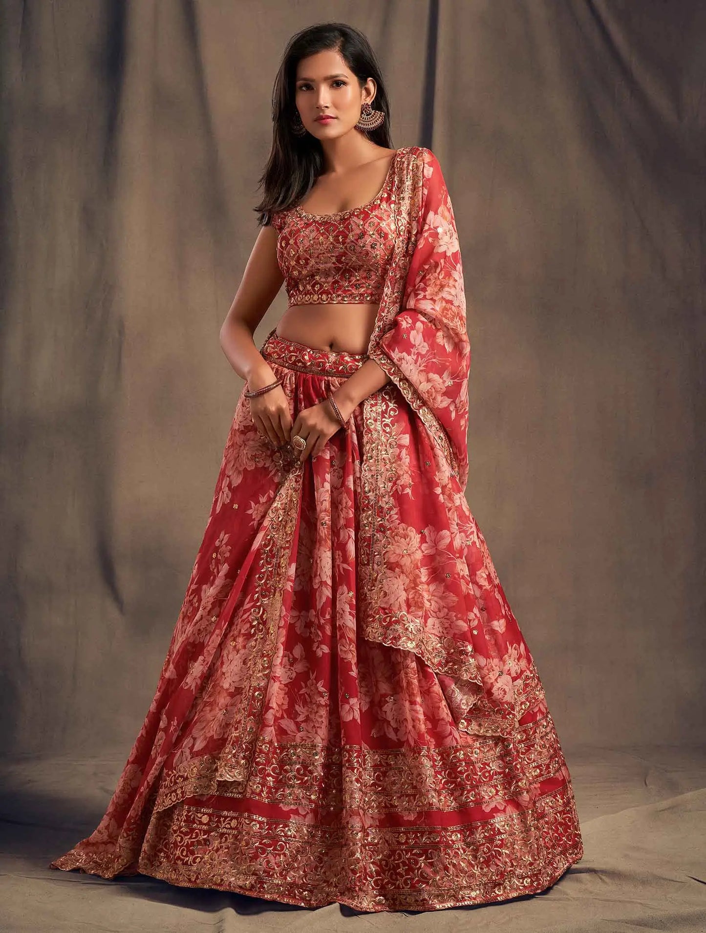 Red Floral Print Organza Lehenga With Sequins Work