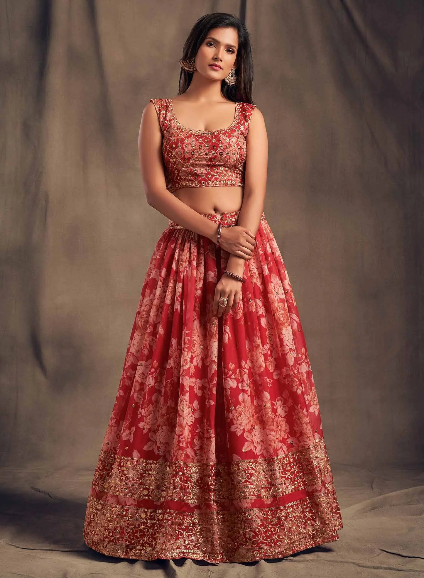 Red Floral Print Organza Lehenga With Sequins Work