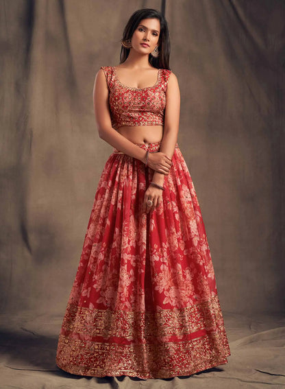 Red Floral Print Organza Lehenga With Sequins Work