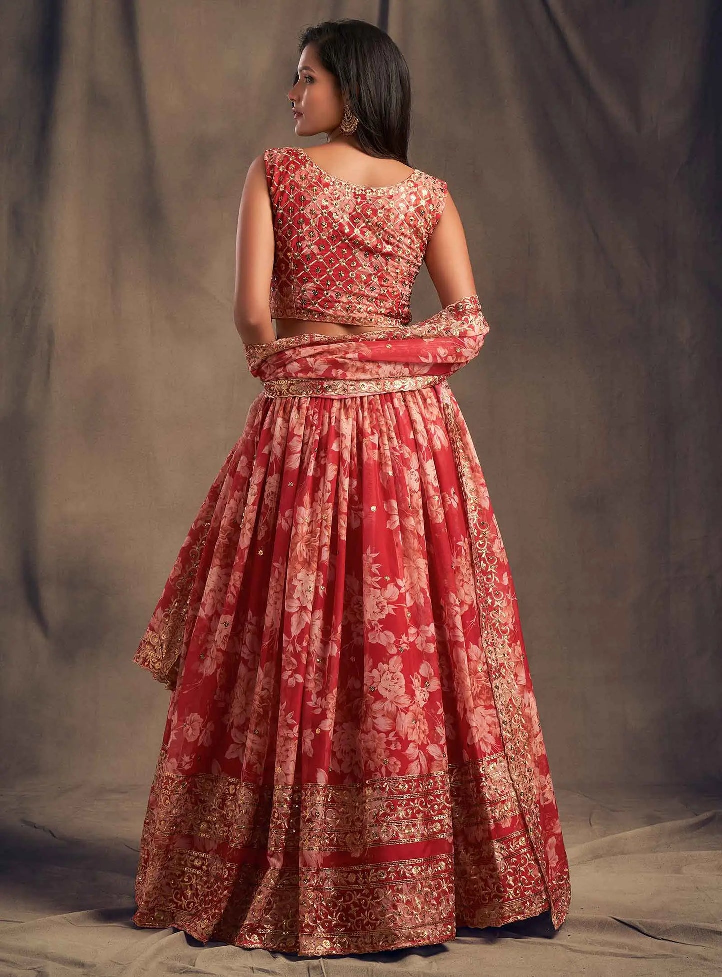 Red Floral Print Organza Lehenga With Sequins Work