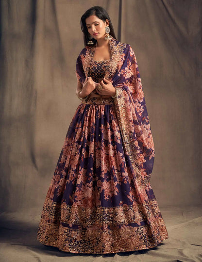 Purple Floral Print Organza Lehenga With Sequins Work