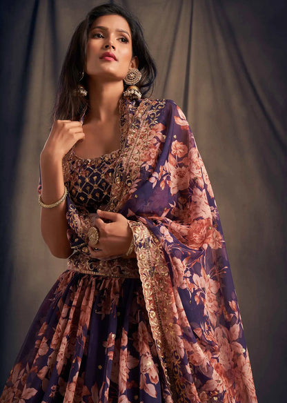 Purple Floral Print Organza Lehenga With Sequins Work