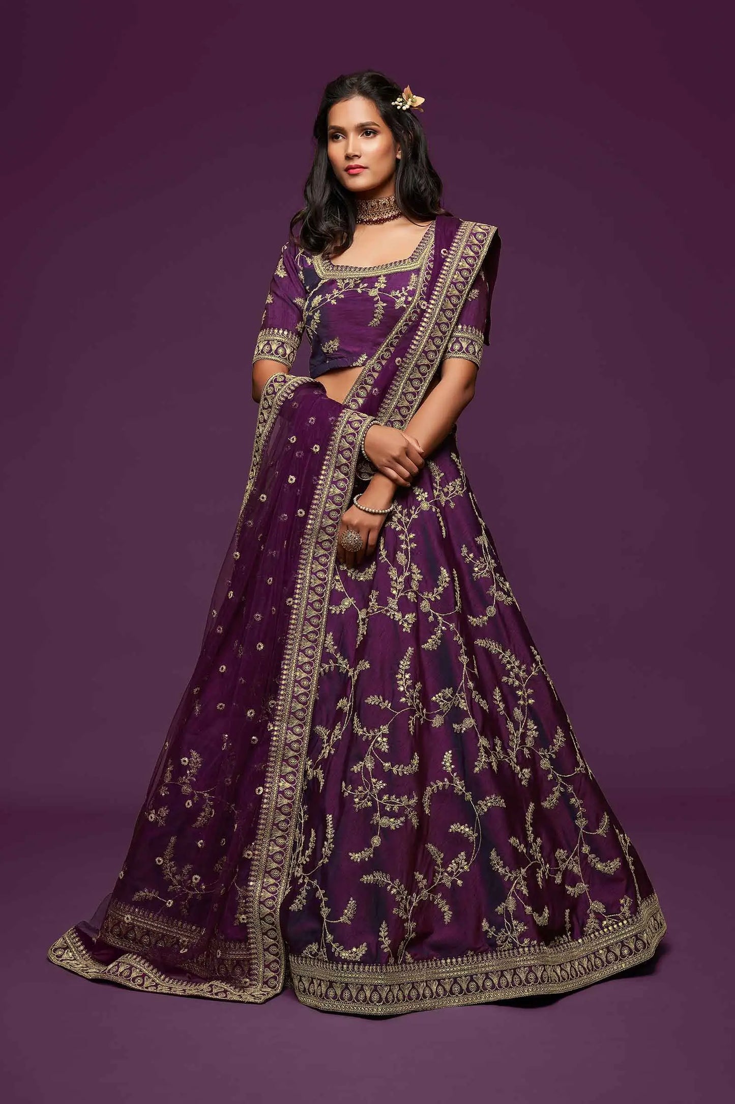 Wine Silk Lehenga Choli With Thread Zari Dori And Sequins Embroidery Work