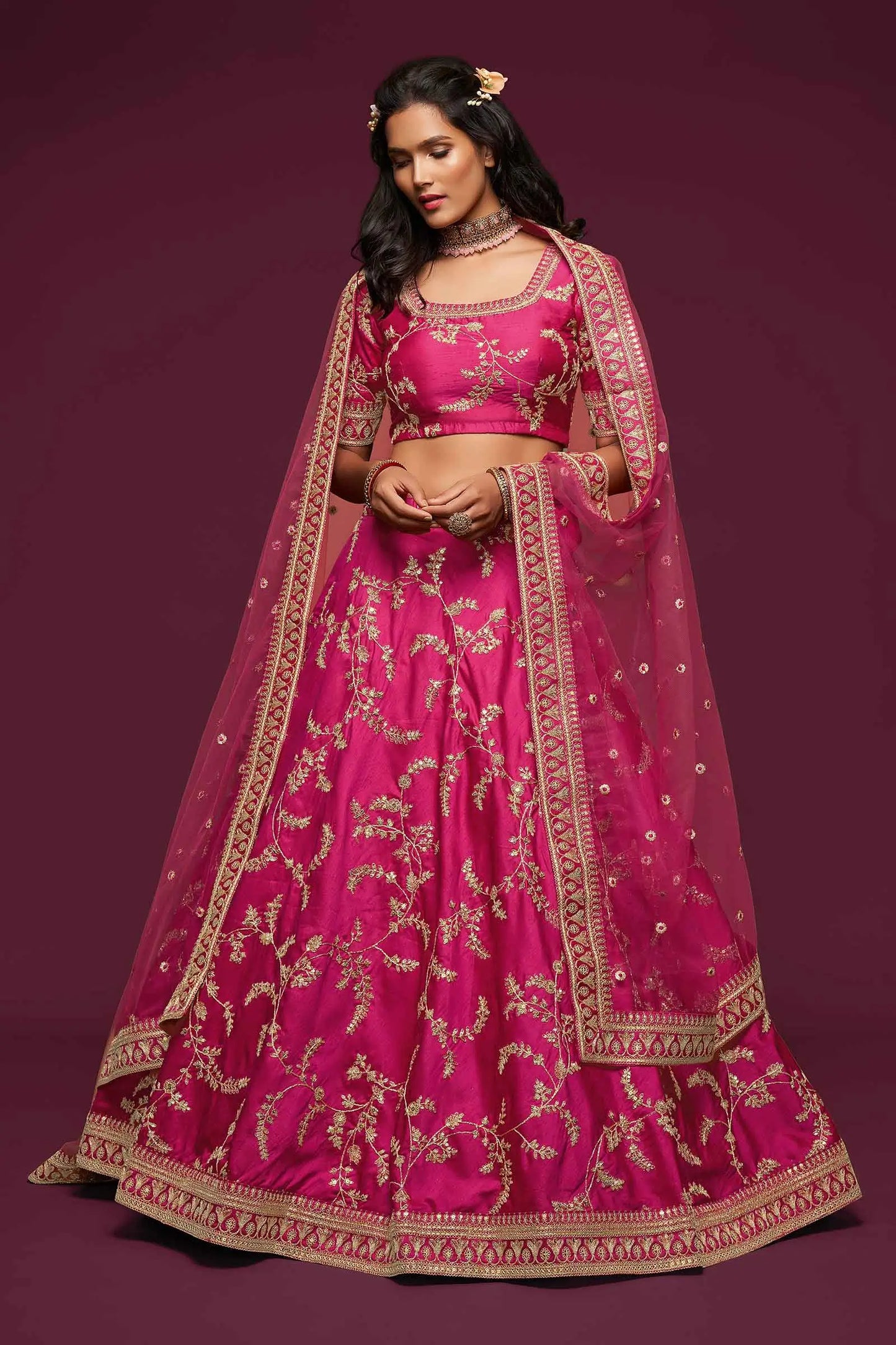 Berry Pink Silk Lehenga Choli With Thread Zari Dori And Sequins Embroidery Work