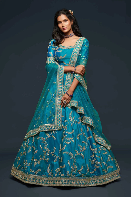 Teal Blue Silk Lehenga Choli With Thread Zari Dori And Sequins Embroidery Work