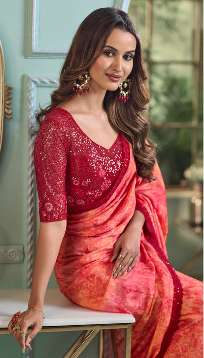 Peach Crystal Chiffon Party Wear Saree With Sequence & Thread Embroidery Work