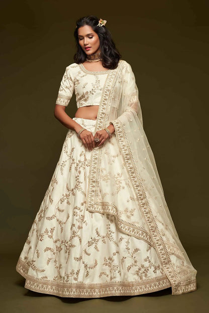 White Silk Lehenga Choli With Thread Zari Dori And Sequins Embroidery Work
