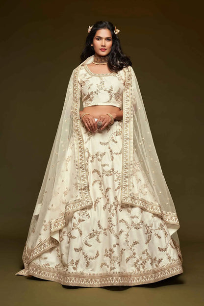 White Silk Lehenga Choli With Thread Zari Dori And Sequins Embroidery Work