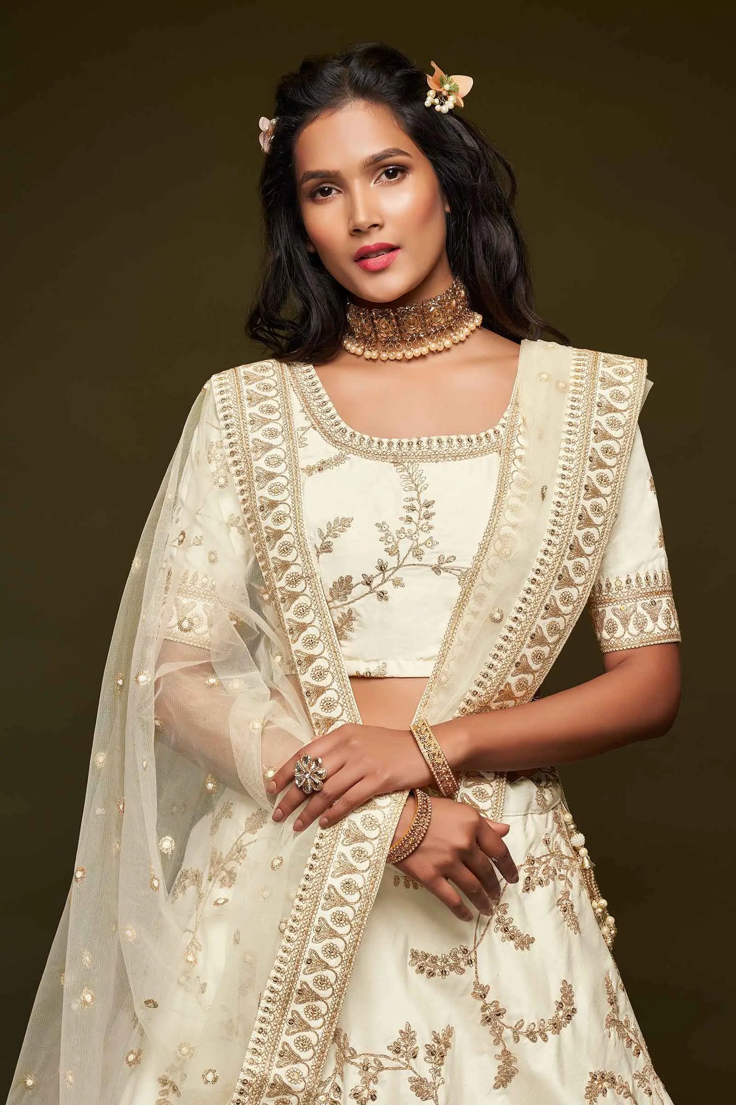 White Silk Lehenga Choli With Thread Zari Dori And Sequins Embroidery Work