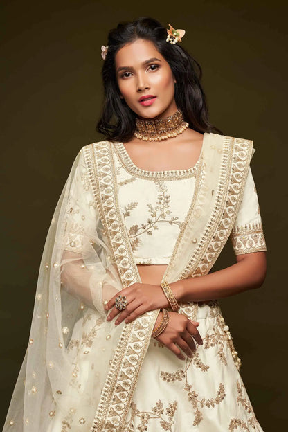White Silk Lehenga Choli With Thread Zari Dori And Sequins Embroidery Work